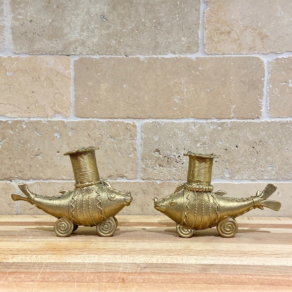 Candle Stand / Holder - Brass Dhokra Fish Shape - Vintage - Handmade Set of 2 - Picture 3 of 9